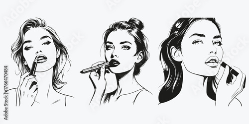 woman with lipstick sketch illustration vector set