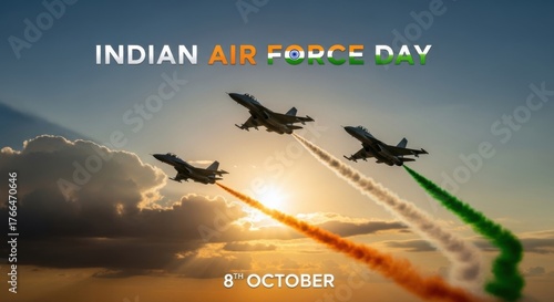 Indian air force day celebration with fighter jets flying in formation at sunset, leaving colorful smoke trails