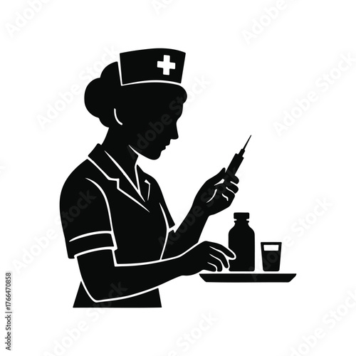 Silhouette of a nurse preparing and administering medication.