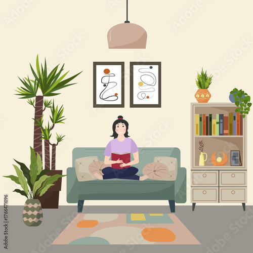 Woman reading book at home. Cozy living room interior with houseplant and bookshelf. Relaxation and tranquil atmosphere of quiet leisure. Vector illustration