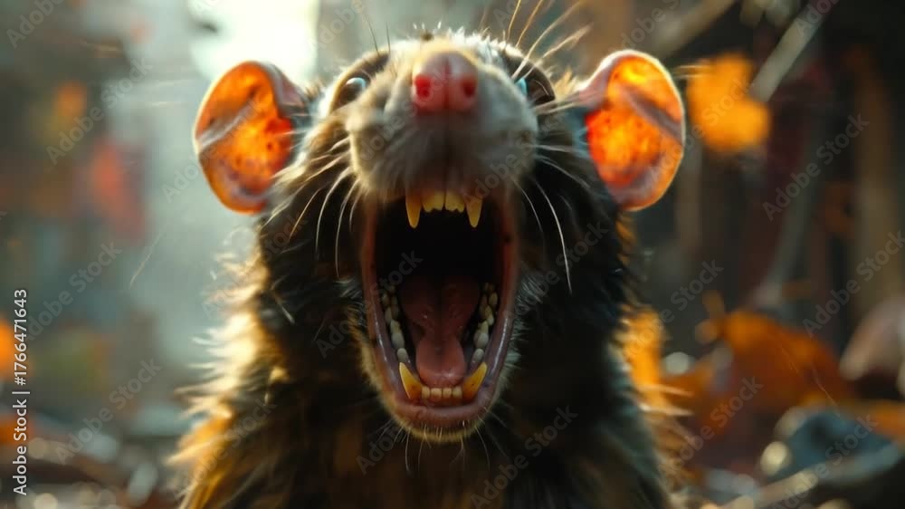 Close-up of a rodent with mouth wide open, teeth bared, showing sharp ...