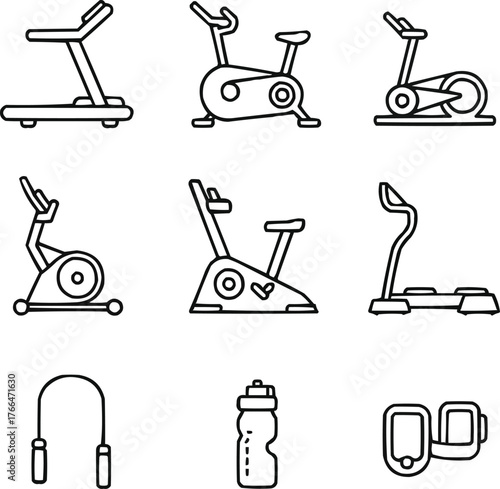 Gym Cardio Equipment Outline Icons Set  Treadmill, Exercise Bike, and Rowing Machine Line Art