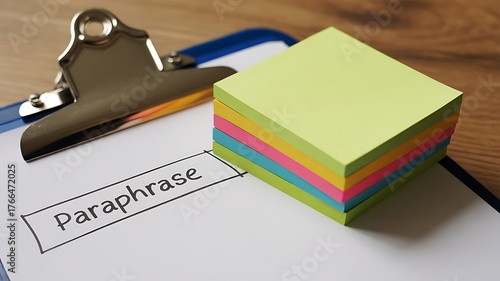 Clipboard with the word paraphrase written on it and a stack of colorful sticky notes