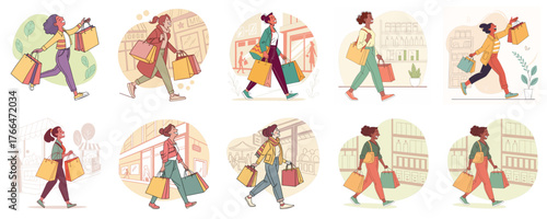 A vector illustration of a cheerful woman shopping with full shopping bags. It depicts a cheerful atmosphere, a modern lifestyle, and the activity of consuming in a shopping mall or store.
