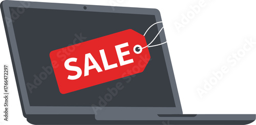 Laptop screen displays a red sale tag, symbolizing online shopping deals and discounts