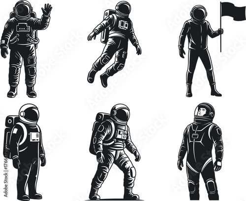 Astronaut silhouette vector, space suit illustration, black and white pose, floating motion, flag holding, cosmic art, space exploration graphic