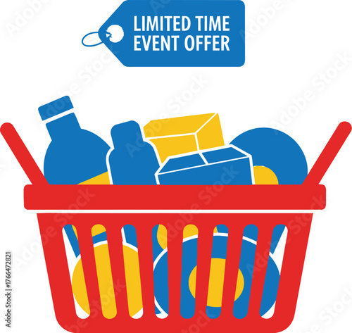 Red shopping basket overflowing with groceries and a "Limited Time Offer" tag.