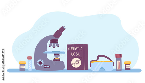 Flat vector illustration of genetic laboratory tools and supplies. Concept of genetic testing, biotechnology, DNA research.