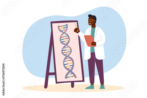 Male scientist explaining DNA structure. Concept of genetics, science, biotechnology and STEM education concept. Vector flat illustration isolated on white.