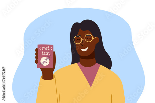 Vector flat illustration of female person holding genetic test box. Concept of genetic research, ancestry testing, personalized medicine and modern biotechnology. 