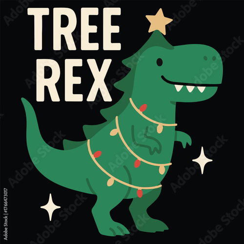 Cute Cartoon Dinosaur Dressed as a Christmas Tree in Flat Vector Style
