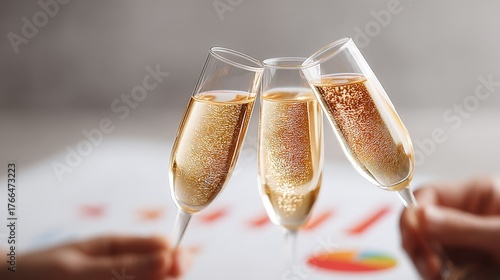 Year-End Business Planning and Financial Review, Three champagne flutes clinking in celebration against a soft background.