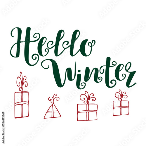 hello winter hand drawn lettering with gift boxes, festive black and white calligraphy quote for christmas and new year design, winter typography vector illustration isolated on white background