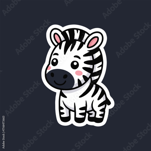 A cartoon zebra with black and white stripes standing on a dark gray background looking forward cute and happy