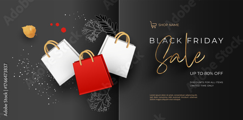 Abstract background of Black Friday sales with shopping bags and decorative natural hand drawn elements