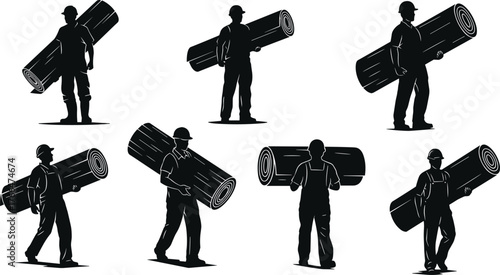 Construction worker carrying heavy rolled material, builder silhouette illustration, industrial labor and strength, construction site worker concept, professional building industry design
