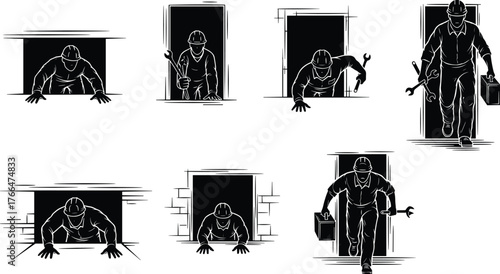 Construction worker crawling through opening, builder with wrench and toolbox, repairman entering workspace, maintenance technician, industrial repair process vector