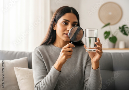Woman Examining Glass of Water Through Magnifying Glass at Home