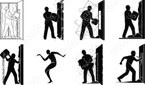 Construction worker installing wall insulation, builder placing thermal panels, insulation material installation, energy efficiency, home renovation process, building maintenance vector illustration