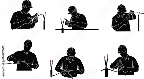 Electrician working with cables, wire stripping process, electrical installation and maintenance, professional electrical worker silhouette, power connection safety illustration