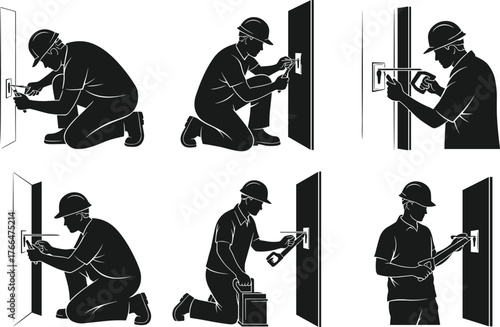 Professional electrician fixing electrical socket, repairman working with power tools, safety maintenance concept, home wiring installation service, electrician silhouette illustration