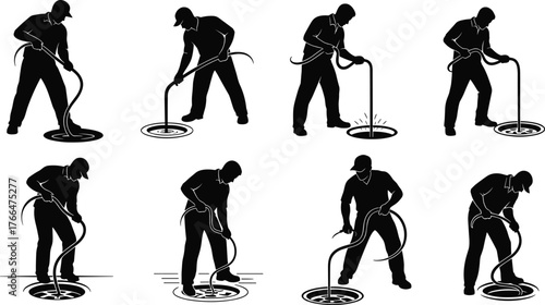 Professional plumber cleaning drain with hose, sewage maintenance worker illustration, drainage repair service concept, sanitation worker silhouette, plumbing work design