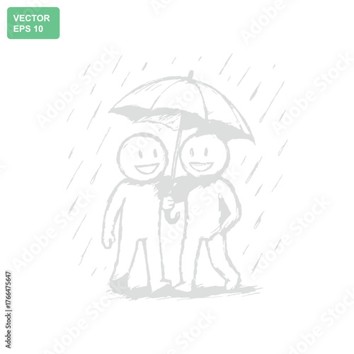Two happy friends sharing an umbrella in the rain offering support