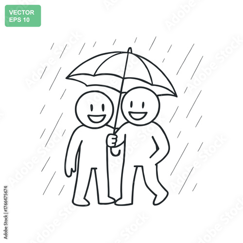Two happy people sharing an umbrella in the rain offering support