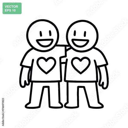 Two happy cartoon people with hearts on their shirts standing together