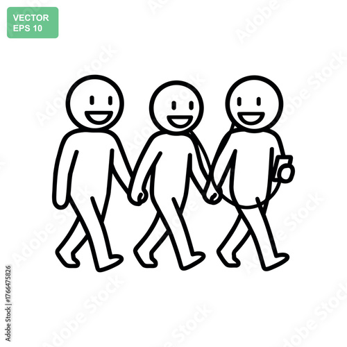Three happy cartoon people walking together holding hands and smiling