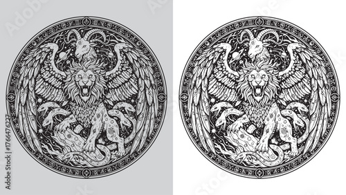 Winged Chimera Lion Goat Serpent Emblem Logo Design with Celestial Background