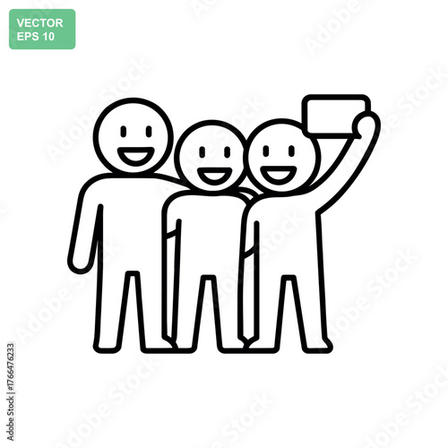 Three happy cartoon friends taking a selfie together with a smartphone