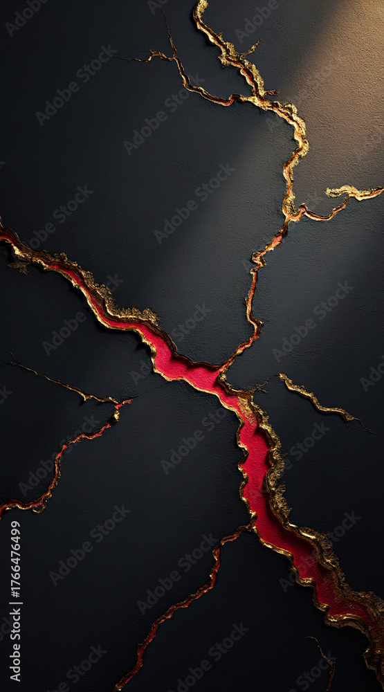 Fototapeta premium Cracked Wall Texture with Red and Gold Accents on Dark Background