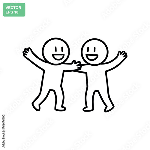 Two happy cartoon people embracing with open arms and big smiles