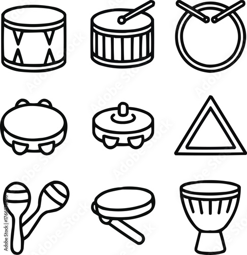 Percussion Instrument Outline Icons Set  Drums, Tambourine, and Cymbals Line Art Collection