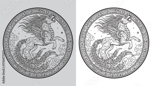 Fenrir Wolf Winged Beast Runic Circle Emblem Logo Design