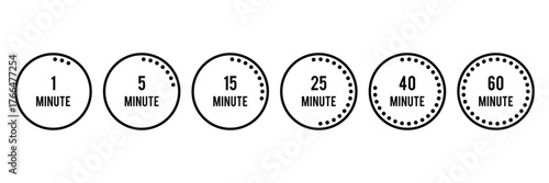 Timer, clock, stopwatch vector icon set from 1 to 60 minutes isolated on white background. Simple stopwatch icons. Colorful chronometer, time counter with dial. Countdown timer . eps 10
