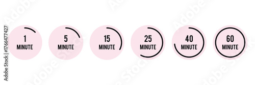 Countdown timer, stopwatch vector icons set. Full rotation arrow timer. 5 minute to 1 hours stopwatches.  Stopwatch isolated set icons. Countdown timer symbol icon set. vector illustration.