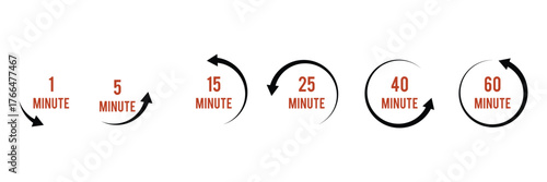 Countdown timer, stopwatch vector icons set. Full rotation arrow timer. 5 minute to 1 hours stopwatches.  Stopwatch isolated set icons. Countdown timer symbol icon set. vector illustration.