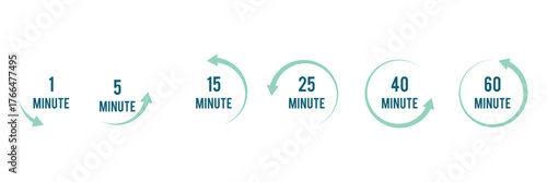 Countdown timer, stopwatch vector icons set. Full rotation arrow timer. 5 minute to 1 hours stopwatches.  Stopwatch isolated set icons. Countdown timer symbol icon set. vector illustration.