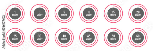 Timer icons showing countdown circles from1 to 60 minutes with blue highlighted segments, ideal for reminders, schedules, workouts, cooking timers, productivity tools.  Cooking time symbols. 