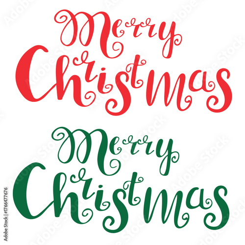 Merry Christmas hand lettering design, red festive typography for holiday greeting card, winter celebration phrase, vector calligraphy illustration isolated on white background