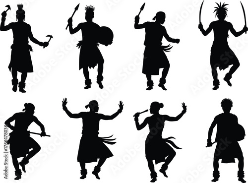 Warrior silhouette vector, traditional weapon pose, cultural dance, black illustration, ritual movement, ethnic costume, sword and shield art, heritage