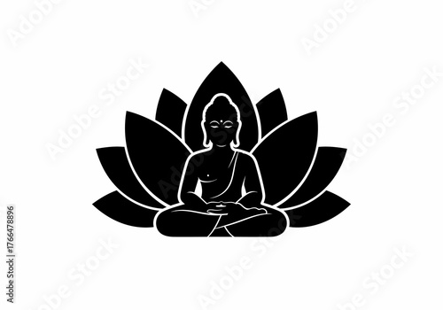 A black and white illustration of Buddha sitting in meditation within a lotus flower