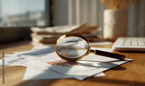 a magnifying glass focusing on documents and graphs under warm sunlight, navy and orange color palette