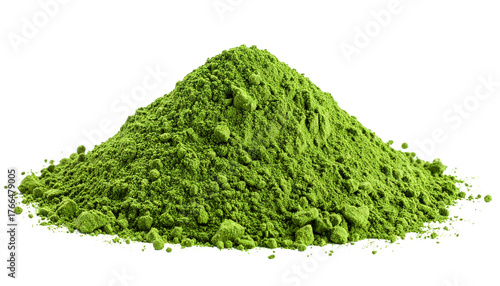 Fresh green matcha powder pile isolated on a white background.