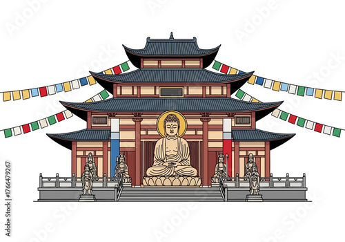 A detailed colorful illustration of a multitiered Asian temple with statues and prayer flags