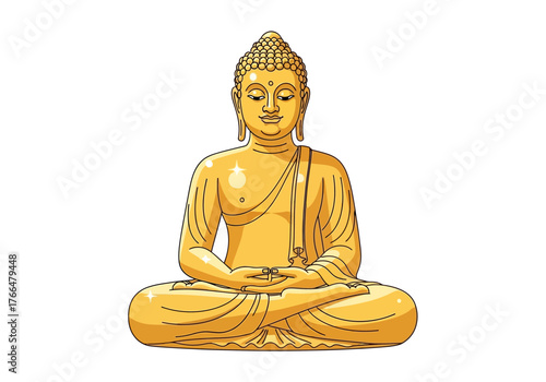 A golden Buddha statue crosslegged in meditation pose adorned with light reflections