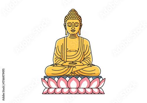 A golden Buddha statue sits on a lotus flower base against a white background