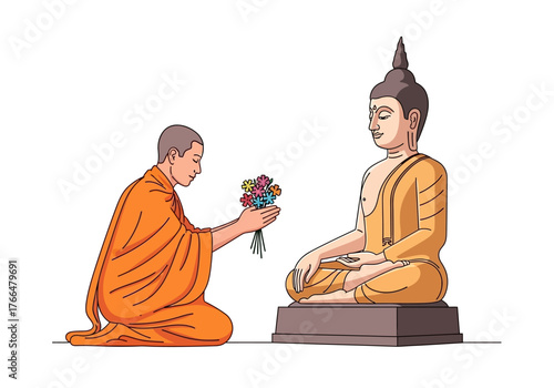 A monk kneels presenting flowers to a Buddha statue on a pedestal
